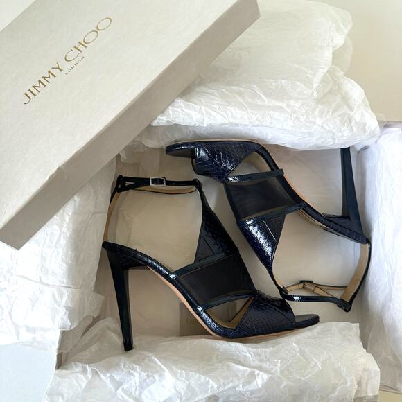 Jimmy Choo Timbus 100 Snakeskin Mesh Heel Sandal Navy Size 39 - Picture 15 of 16